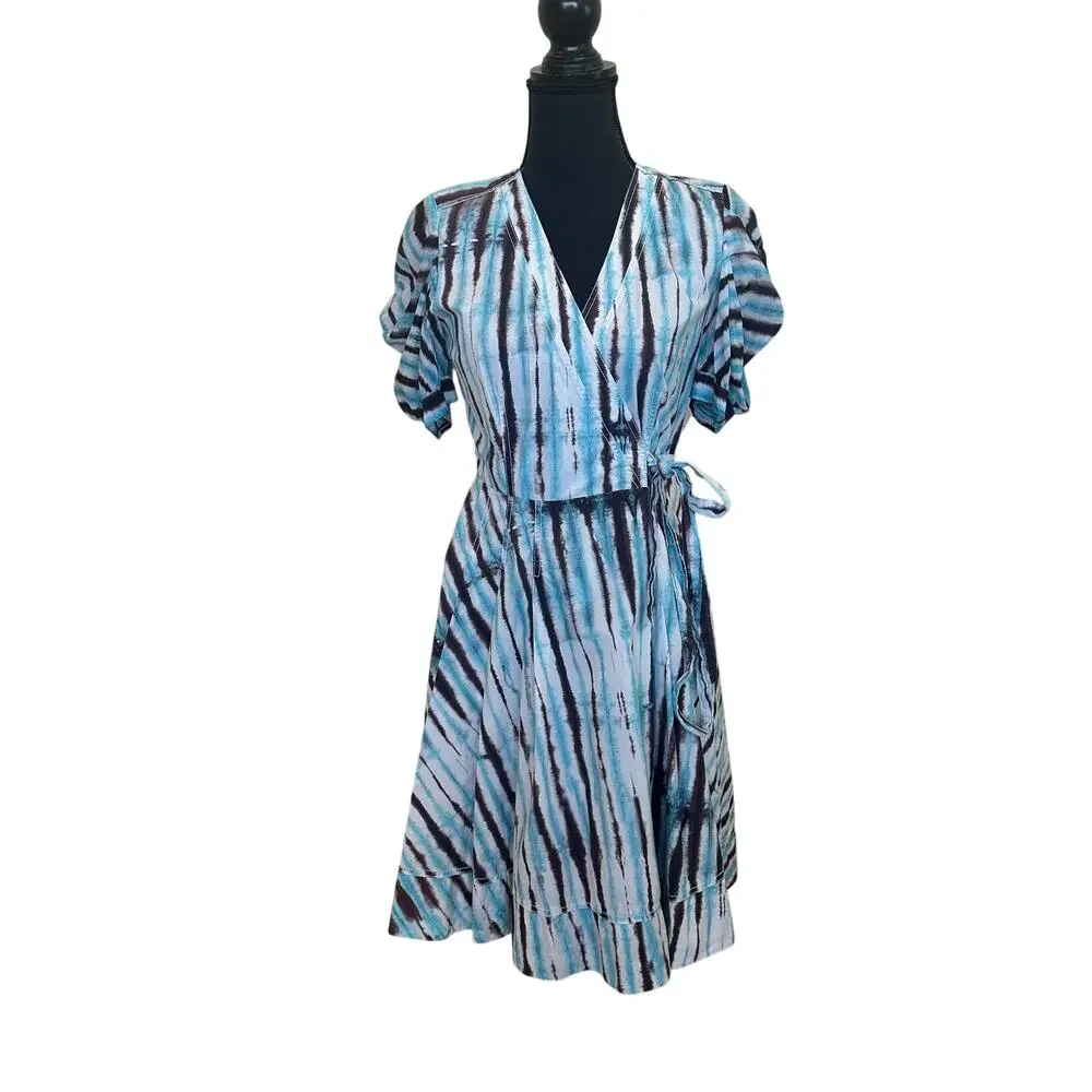 Diane Von Furstenberg Blue Tie Dye Wrap Dress SMALL Work Cotton Puff Sleeve $417 - Picture 8 of 11